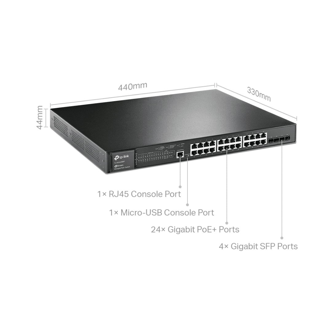 Switch administrable JetStream 24 ports PoE+ Gigabit et 4 ports 10GE SFP+ L2+